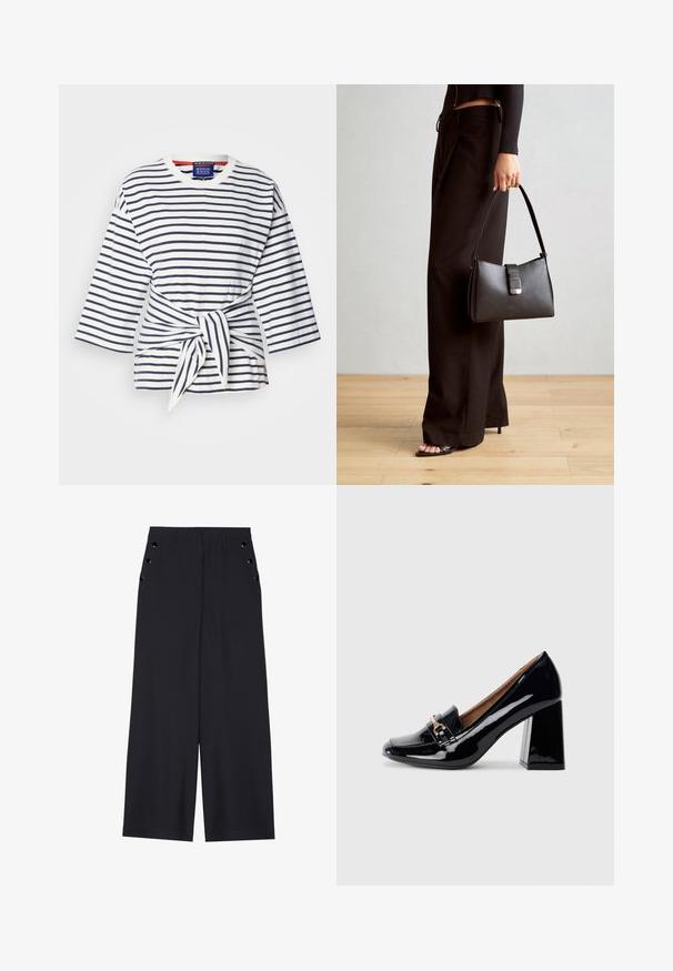 Sarkanai un tumši zilā krāsā raibā, viegla krekla ar trīs ceturtdaļu piedurknēm un savilkuma jostas detaļu. Kokvilnas audums ar apaļu kakla izgriezumu.; Platīsara bikses tumši zilā audumā, kurām ir gluda tekstūra, priekšējie kroki un dekoratīvi zeltaini acs pie sānu kabatām.; Melnas lakota ādas augstpapēžu kurpes ar norādītu pirkstu un blokveida papēdi. Iekļauj dekoratīvu siksniņu un sprādzi ikmēneša daļā.; Melnā somiņa ar strukturētu formu, gludu tekstūru un metālu sprādzi. Saskaņota ar platām melnām biksēm un sandālēm ar atvērtu purngalu uz koka grīdas.