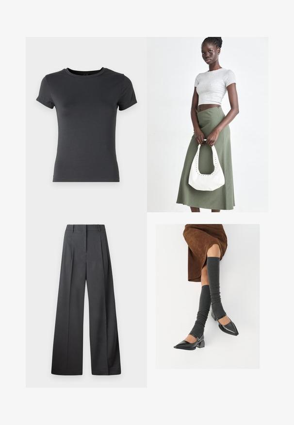 Tumši pelēks īsām piedurknēm T-krekls, izgatavots no gludas kokvilnas auduma, ar apaļu kakla izgriezumu un pieguļošu siluetu, ar tīru apdari ap apakšmalu.; Platās kājas bikses tumši pelēkā audumā, ar augstu jostasvietu, ar vienu uzpūstu vīli un gludu tekstūru ar tīru apdari ap malām.; Melnas laka ādas apavi ar norādītu purngalu, blokveida papēdi un potīšu jostu, saskaņoti ar pelēkām ribotām kāju sildītājām un brūnu zamšādas svārku.; Pelēks ribots īsais tops un olīvzaļš augstās vidukļa svārki. Modelis tur baltu plecu somu ar izgriezumiem. Vienkāršs dizains, pieguloša silueta.