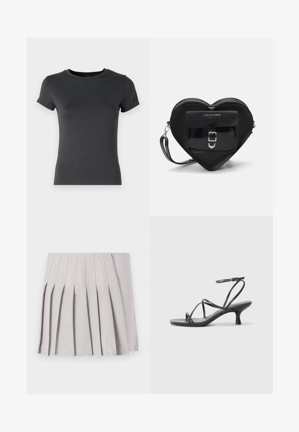 Dark grey short-sleeve t-shirt, made of smooth cotton fabric, featuring a round neck and a fitted silhouette, with a clean finish at the hem.; Gray pleated skirt with a smooth texture, featuring multiple vertical folds and a fitted waistline. Made from lightweight fabric.; Black heeled sandals with thin straps, open toe design, and a small, flared heel. The material appears smooth and glossy.; Black heart-shaped bag made of patent leather with a front pocket featuring a buckle closure and a detachable strap. Silver hardware accents.