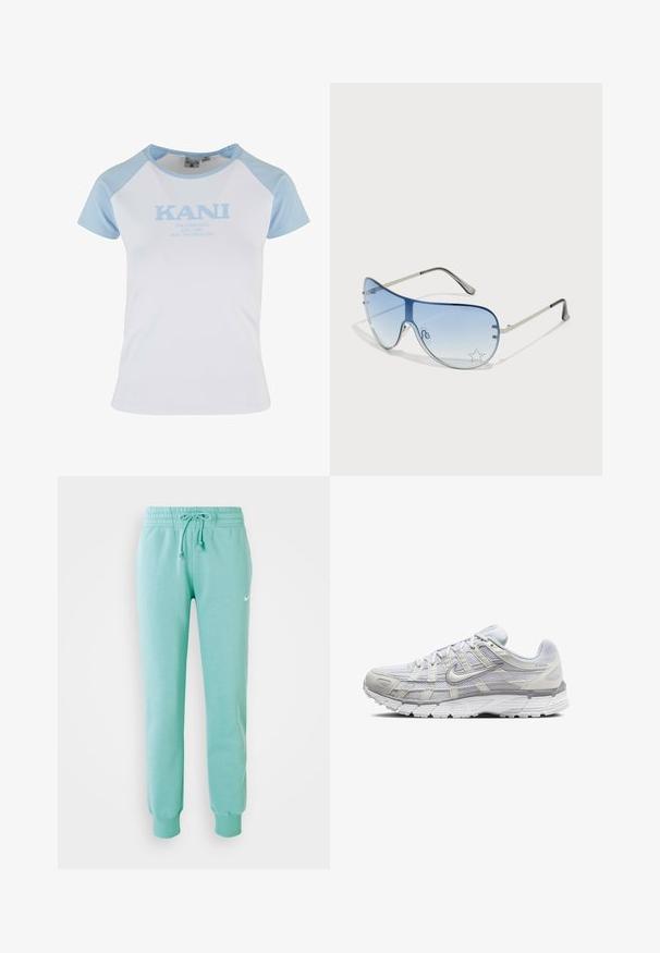 Hvit t-skjorte med lyseblå raglanermer, med "KANI" logo i lyseblå tekst og standard rund hals. Myk, glatt stoff.; Mintgrønne sweatpants med elastisk talje, snøre og ribbede manchetter. Har et lille hvidt Nike-logo på venstre lår.; Lys grå sportsko med overdel i mesh og syntetisk materiale, med snøring, polstret krave og strukturert såle for grep.; Pilotbriller med gradient blå linse, sølvfarget metallramme og dekorative stjerneaksenter på linsen. Glatt og stilren design.