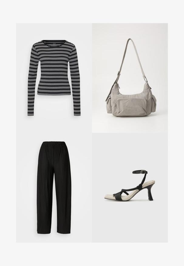 Cămașă neagră cu mânecă lungă, cu dungi orizontale albe, textura ribbed și decolteu rotund. Design ajustat cu o tivă dreaptă.; Pantaloni negri cu pliuri largi și talie elastică. Materialul are pliuri verticale și o textură netedă.; Sandal cu toc negru, cu design de curea împletită, vârf pătrat și curea de gleznă ajustabilă. Tălpică de un bej deschis și toc negru lucios.; Geantă de umăr din țesătură gri, cu două buzunare laterale, un buzunar frontal cu fermoar și o curea lată, ajustabilă. Design simplu și funcțional.