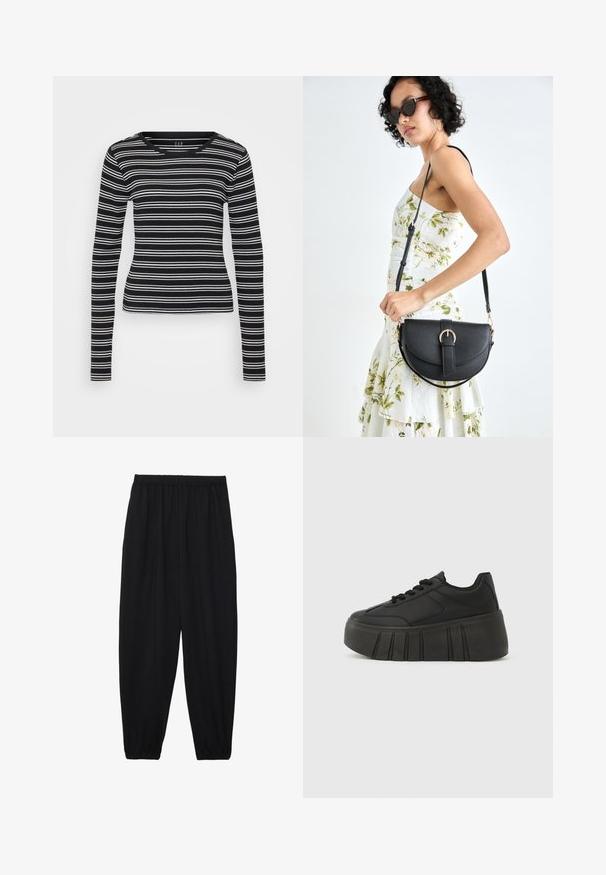 Must musträpiga musta pika varrukaga särk valgete horisontaalsete triipudega, ribakujuline tekstuur ja ümar kaelus. Mugav disain, otse alläär.; Mustad, kerge kangas püksid elastse vöökoha ja kokku volditud pahkluudega. Kanga pind on sile ja disain on lõdvestunud, kitsenev.; Mustad platvorm-tennised, millel on sile sünteetiline pealse osa, ümmargune varvas, nööritav disain ja paks, sooniline tald kõrguse lisamiseks.; Mustmust mustraha kõverate joontega, eemaldatava rihmaga ja kuldsete detailidega. Kotil on klapp, millel on pandladetail.