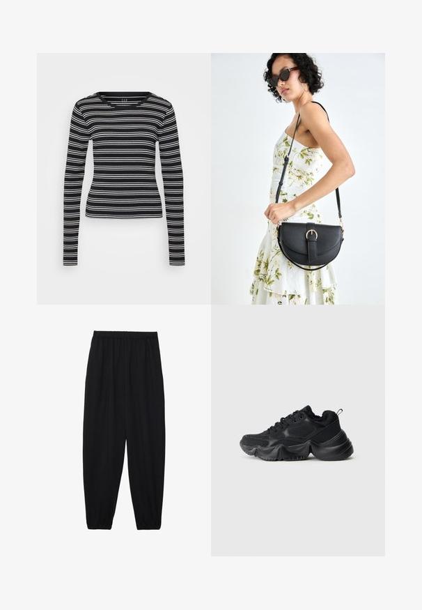 Black long-sleeve shirt with white horizontal stripes, ribbed texture, and a round neckline. Fitted design with a straight hem.; Black, lightweight pants with an elastic waistband and gathered ankles. The fabric is smooth and features a relaxed, tapered design.; Black sneakers with a mix of smooth and textured materials, thick soles, rounded shape, and decorative stitching. Features a soft, plush cuff.; Black leather handbag with a curved shape, detachable strap, and gold hardware. The bag features a flap with a buckle detail.