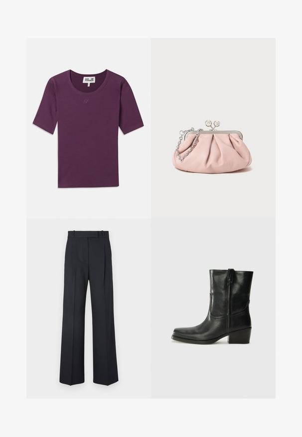 Fialové ribbed tričko s kulatým výstřihem, krátkými rukávy a jemným logem "BP" ve shodné barvě na hrudi.; Tmavě modré kalhoty s pruhy, vysokým pasem, širokým nohavicemi a bez viditelného kování nebo ozdob. Hladká textura a přesně padnoucí střih.; Černá kožená kotníková bota s kulatou špičkou, blokovým podpatkem, bočním zipem a prošíváním na svršku. Hladký povrch, klasický design.; Růžová kožená kabelka na ruku s nařaseným designem, kovovým rámem, dvěma kulatými sponami a stříbrným řetízkem. Hladká textura, kompaktní tvar.