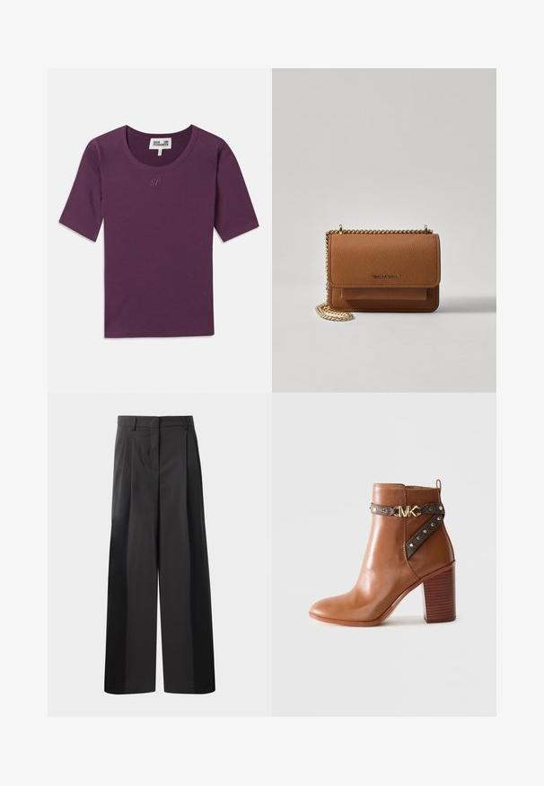 Violetinė juostelėmis marškinėliai su apvaliu iškirpimu, trumpomis rankovėmis ir subtiliu „BP“ logotipu, siūtu tos pačios spalvos ant krūtinės.; Juodos plačios kelnės su aukštu liemeniu, su priekinėmis raukšlėmis, glotnia tekstūra ir pritaikytu apdailos stiliumi. Sukurtos laisvam sėdėjimui.; Ruda odinė kulkšninė batai su sluoksniuoto blokinio kulno, šonine dirželiu su auksiniais skaidriomis ir auksiniu "MK" logotipo sagtimi.; Ruda tekstūruota odinė per petį nešama rankinė su auksiniu grandininiu dirželiu ir užlenkiamo užsegimo. Priekinėje pusėje yra logotipo detalė ir kišenė po užlenkimu.