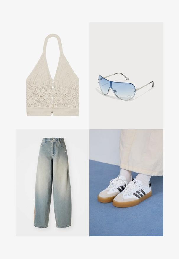 Top halter a maglia color crema, con un motivo geometrico, scollo a V profondo e cinque bottoni frontali con una finitura testurizzata all'orlo.; Jeans a gamba larga in denim azzurro chiaro con un finish sbiadito. Presentano tasche anteriori, chiusura con bottone e un logo discreto sulla vita.; Sneakers bianche con strisce nere e accenti in suede beige. Presentano una suola in gomma texturizzata e lacci bianchi piatti, indossate con calzini di colore chiaro.; Occhiali da sole aviator con lenti blu sfumate, montatura in metallo argentato e decorazioni a forma di stella sulle lenti. Design liscio e sofisticato.