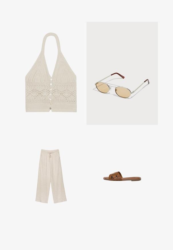 Szydełkowy top na halter w kolorze kremowym, z geometrycznym wzorem, głębokim dekoltem w literę V oraz pięcioma guzikami z przodu i teksturowanym wykończeniem na dole.; Beżowe lniane spodnie szerokie w nogawkach, z elastycznym paskiem, dwiema bocznymi kieszeniami oraz lekko teksturowanym materiałem zapewniającym oddychalność i komfort.; Brązowe skórzane klapki z krzyżującymi się paskami, płaską podeszwą i gładką fakturą. Prosty design bez ozdób czy wzorów.; Metalowe okulary przeciwsłoneczne z ovalnymi, jasno brązowymi szkłami. Smukła srebrna oprawa z teksturowymi akcentami i czerwonobrązowymi końcówkami na zausznikach.; Brązowa torebka z zamszu z złotym kwadratowym zapięciem, górnym uchwytem i łańcuszkowym paskiem. Charakteryzuje się prostokątnym kształtem i zaokrąglonymi krawędziami.