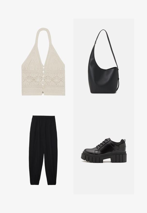 Nertinė halter tipo viršutinė kreminės spalvos, turinti geometrinį raštą, gilia V formos iškirptę ir penkis priekiniai mygtukus su tekstūruotu finišu apatinėje dalyje.; Juodi, lengvi kelnių su elastinga juosmens juosta ir surinktais kulkšniais. Audinys yra lygus ir turi atsipalaidavusį, siaurėjantį dizainą.; Juodi odiniai platformos batai su masyviu blokuota kulniuku, apvalia nosimi ir tradiciniu šnypštimo dizainu. Turintys glotnų paviršių ir minimalų dekoravimą.; Juodas odinis hobo maišas su lygiu paviršiumi, kreipta forma ir viena reguliuojama rankena; turi platų atidarymą viršuje.