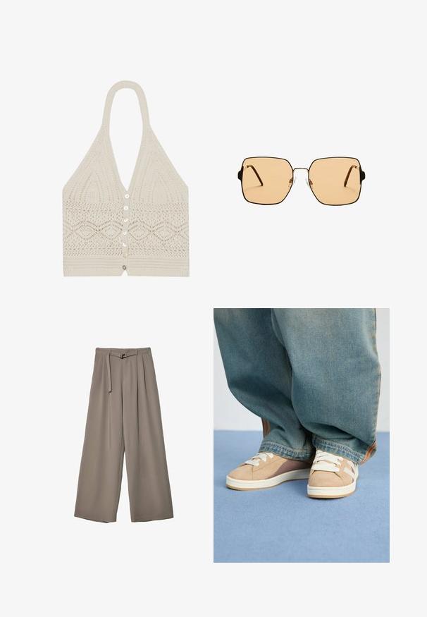 Gehaakte haltertop in crème, met een geometrisch patroon, een diepe V-halslijn en vijf knopen aan de voorkant met een gestructureerde afwerking aan de onderrand.; Wijd nietenbroeken van een zachte, gedempte grijze stof, met een ceintuur in de taille en plooien voor extra ontwerpelementen. Gladde textuur, geen patronen.; Beige sneakers van suede en stof, met witte veters, lichtbruine accenten en een gestructureerde zool. Draagt bij losse blauwe denim broeken.; Vierkante zonnebril met bruine lenzen en een dun zwart metalen frame. Beschikt over schuine pootjes en verstelbare neuspads voor comfort.