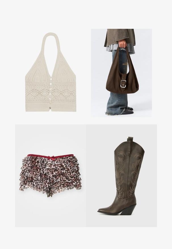 Kootud kaeluseta topp kreemis, millel on geomeetriline muster, sügav V-kaelus ja viis esist nuppu, millel on tekstuuriga viimistlus allääris.; Lillelille leopardimustriga lühikesed püksid kihiliste rüüdega, millel on punane pitsist vöökoht ja väike paeltekk ees.; Pruun nahast cowboy saabas, millel on terav varvas, tõusuhari ja dekoratiivne tikkimine. Omab pikka varrukat ja tõmbenööri.; Pruun kangast kott, millel on kaardus kuju, hõbedase klambriga detail ja kaks laia rihma, mida hoiab inimene, kes kannab kulunud teksaseid.