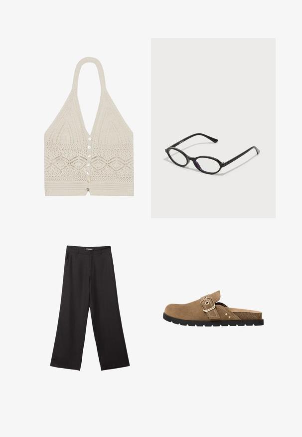 Neule toppi vaaleassa kremessä, jossa on geometrinen kuosi, syvä V-pääntie ja viisi etunapituspainiketta, sekä teksturoitu viimeistely helmassa.; Mustat leveälahkeiset housut, jotka on valmistettu sileästä kankaasta. Niissä on edessä vetoketju ja kaksi sivutaskua, ja niiden muotoilu on räätälöity ja minimalistinen.; Ruskohi vaaleanruskea mokkasandaali, jossa on pyöreä kärki, säädettävä solkiremmi ja teksturoidut sisäpohjat. Varustettu mustalla kumiulkopohjalla, jossa on uurteita.; Mustat soikeat kehykset, joissa on puoliläpinäkyvät violetit yksityiskohdat linssissä. Kehykset ovat mattapintaiset ja hoikalla, suoralinjaisella varrella.; Ruskea nahkainen laukku, jossa on kerätty yläosa ja ketjuhihna. Tasainen pinta, jossa kiiltävä viimeistely ja hienovaraiset sauman yksityiskohdat sivuilla.