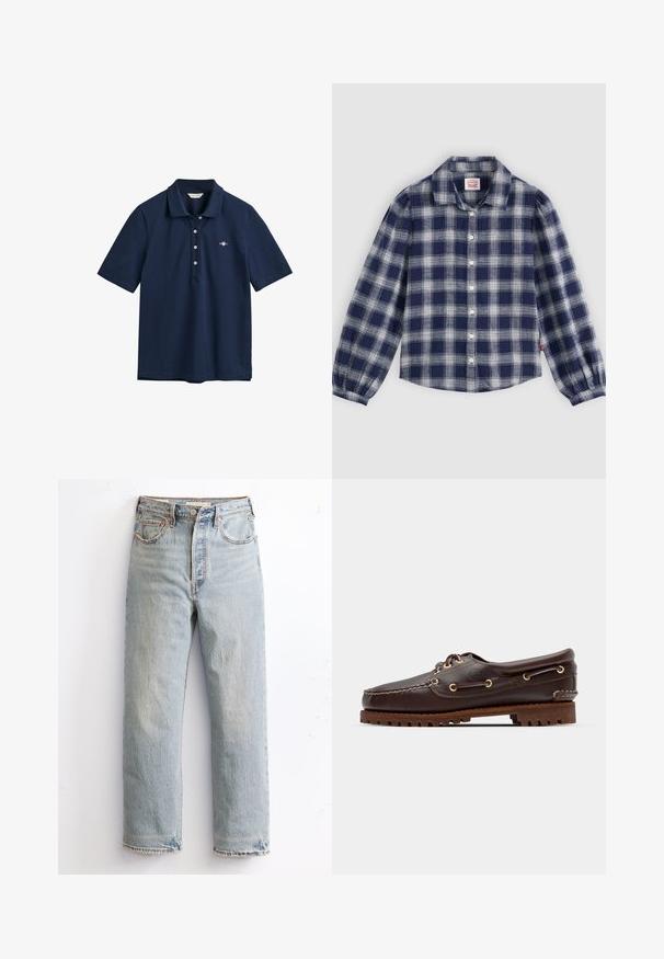 Navyblaues Polohemd aus Baumwolle mit klassischem Kragen, drei Knöpfen und kleinem Logo auf der Brust gestickt.; Langarmhemd in Marineblau und Weiß mit Karomuster, Knopfverschluss, klassischem Kragen und gerafften Manschetten. Hergestellt aus leichtem Stoff.; Helle blaue Jeans mit geradem Bein, ausgestattet mit einem ausgefransten Saum, kupfernen Nieten und einem klassischen Fünf-Taschen-Design.; Braune Lederbootsschuhe mit goldenen Ösen, runden Schnürsenkeln und einer strukturierten braunen Gummisohle. Verfügt über genähte Details und ein erhabenes Logo.