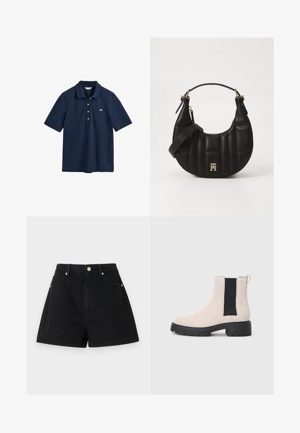 Mørkeblå polo skjorte laget av bomull, med klassisk krage, tre knappelukkinger og liten logo brodert på brystet.; Sorte denimshorts med høy midje, fem lommer, sølvfarget detaljer og standard passform, med en jevn tekstur og ren finish.; Beige semsket Chelsea-støvel med svart elastisk sidepanel, kraftig svart såle og trekkflik ved ankelen.; Svart skinnhåndveske med en buet form, kviltet tekstur og gullhardware. Har en avtagbar skulderrem og logo-detaljer.