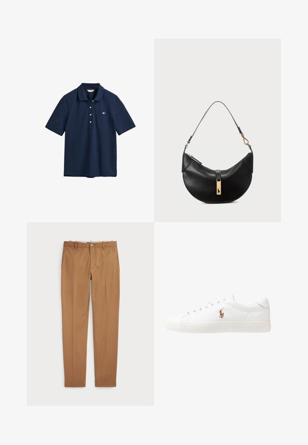 Navyblaues Polohemd aus Baumwolle mit klassischem Kragen, drei Knöpfen und kleinem Logo auf der Brust gestickt.; Braune Baumwollhosen mit schmalem Schnitt, flachem Vorderteil und Standardtaschen; glatte Textur und abgeschnittene Säume.; Weiße Leder-Sneaker, niedrig geschnitten, mit glatter Textur, runder Zehenpartie, Schnür vorne und kleinem gesticktem Logo an der Seite.; Schwarze Lederhandtasche in Halbmondform. Verfügt über eine goldene Hardware-Akzentuierung und einen schmalen Tragegurt. Sanfte Textur, Reißverschlussverschluss an der Oberseite.