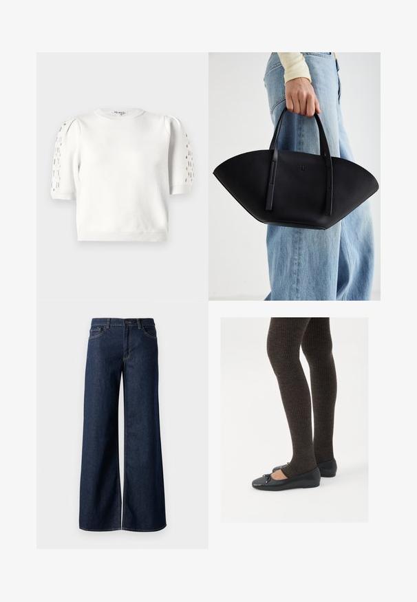 Biały, krótki sweter dzianinowy z okrągłym dekoltem, krótkimi rękawami z detalami w formie ażurowych wykończeń na ramionach oraz prążkowanym dołem. Gładka faktura.; Jeansy z szerokimi nogawkami w ciemnoniebieskim denienie. Posiadają kontrastowe przeszycia, pięć kieszeni oraz zapięcie na guzik w talii. Gładka faktura.; Czarne płaskie buty z małym kokardkowym detalem na palcach, zestawione z ciemnobrązowymi rajstopami w prążki. Buty mają gładką teksturę i niski profil.; Czarna skórzana torebka w unikalnym kształcie wachlarza, z płaskimi uchwytami. Powierzchnia ma fakturę kamyków i minimalistyczny design.