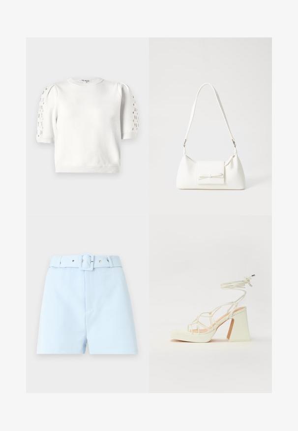 Valkoinen lyhyt neulepaita, jossa on pyöreä pääntie, lyhyet hioret, joissa on rei'itetyt yksityiskohdat olkapäissä, sekä ribbineuleen helma. Sujuva tekstuuri.; Vaaleansiniset shortsit, joissa on vyötärölle laitettava vyö, jossa on neliönmuotoinen solki ja metalliset yksityiskohdat. Sileä kangas, räätälöity malli ja laskostettu etuosa.; Valkoinen korkokenkä, jossa on paksu korko, ja joka sisältää nauhakiinnityksen ja nilkkaketjun. Sujuva pinta, jossa on platform-etupohja lisäkorkeutta varten.; Valkoinen synteettinen käsilaukku, jossa on kolmikulmainen muoto, tasainen etu läppä ja nauhadetail, säädettävä olkahihna, sileä rakenne ja minimalinen muotoilu.