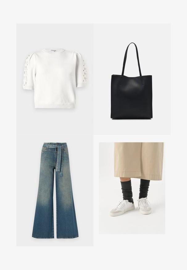 White cropped knit sweater with a round neckline, short sleeves featuring eyelet details on the shoulders, and ribbed hem. Smooth texture.; Wide-leg denim trousers featuring a light to dark blue gradient, high waist, belt loops, and a matching fabric belt. Textured denim finish.; White and gray sneakers with a black heel accent, featuring a smooth leather upper and textured suede toe. Worn with dark gray slouchy socks.; Black leather tote bag with smooth texture, rectangular shape, and two long handles. No visible hardware or embellishments.