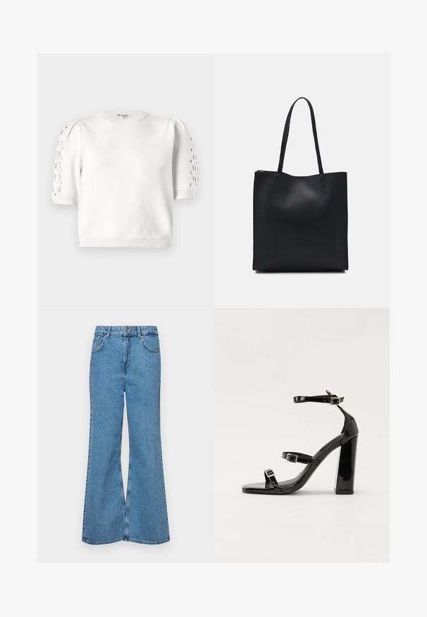 White cropped knit sweater with a round neckline, short sleeves featuring eyelet details on the shoulders, and ribbed hem. Smooth texture.; Light blue flared jeans made of denim, featuring a high waist, five pockets, and a single button closure. Soft texture with faded finish.; Black patent heeled sandals with a square toe, ankle straps, and silver buckles. Features a chunky block heel for stability.; Black leather tote bag with smooth texture, rectangular shape, and two long handles. No visible hardware or embellishments.