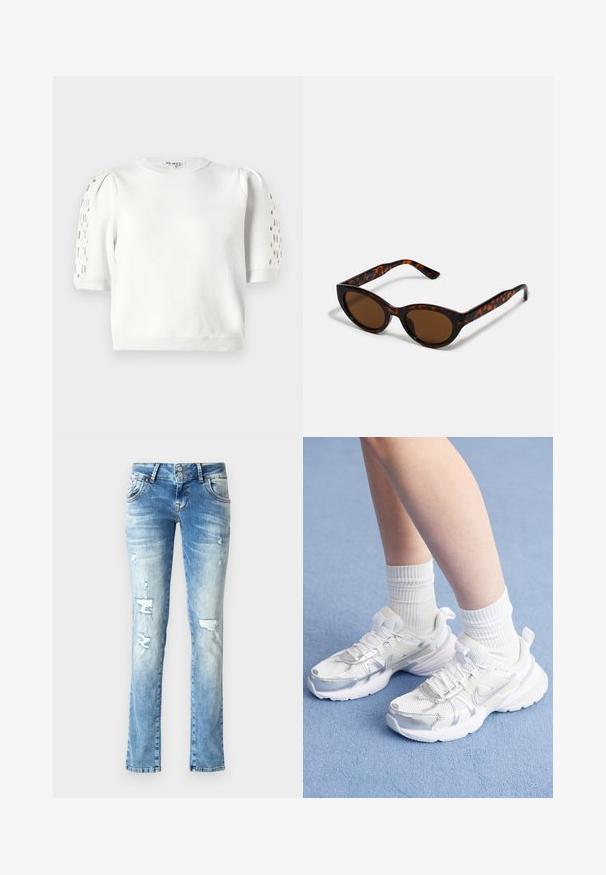 Balts īsais adīts džemperis ar apaļu kaklu, īsām piedurknēm, kurām ir caurumiņi uz pleciem, un ribota apakšmala. Gluda tekstūra.; Gai zilu džinsu bikses ar brīvu piegriezumu, kas iekļauj nolietotus elementus, pogu rāvējslēdzēju ar divām pogām un taisnām kājām.; Baltie sporta apavi ar sieta materiāla un sintētiskajām virsmām, ar sudraba Nike logotipu, un apvienoti ar ribotām baltām zeķēm uz zila fona.; Brūnas pūķu kaula saulesbrilles ar vintage kaķa acs formu un brūniem stikliem. Ievērojamas ar izliektiem ieročiem ar sarkaniem akcentiem.; Zelta auskari ar gludu, spīdīgu apdari. Apaļš dizains, kas ietver mazu tapu un caurspīdīgu pamatni drošai valkāšanai.