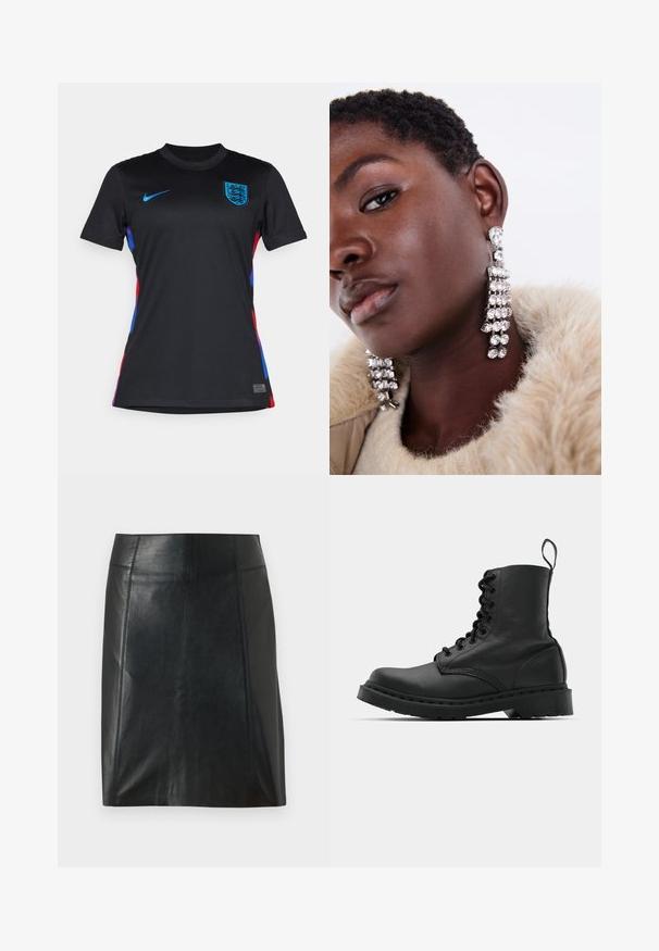 Camiseta deportiva negra de manga corta con cuello redondo. Presenta un logo de Nike azul y el escudo de Inglaterra; acentos coloridos en rojo, azul y púrpura en los laterales.; Minifalda de piel negra con un diseño ajustado. Textura suave, costuras que delinean la forma y un dobladillo recto. Apariencia minimalista y elegante.; Botín de combate de cuero negro con punta redonda, parte delantera con cordones y una lengüeta en el tobillo. Presenta una suela de goma gruesa para mayor durabilidad.; Pendientes de gota plateados con múltiples rhinestones transparentes, con un diseño en cascada y superficies texturizadas, sobre un fondo neutro.