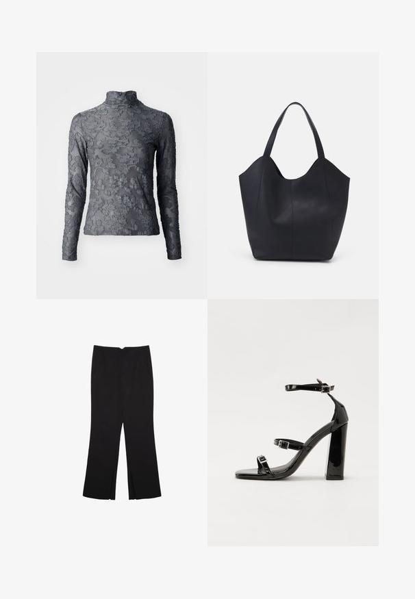 Grauer transparenter Rollkragenoberteil mit langen Ärmeln, das ein florales Strukturmuster aufweist, und mit einem hohen Kragen sowie glattem Stoff abgeschlossen ist.; Schwarze Hose mit geradem Schnitt, ausgestattet mit Fronttaschen und Seitenschlitzen am Saum. Hergestellt aus weichem, glattem Stoff. Geeignet für verschiedene Anlässe.; Schwarze patentierte Sandalen mit Absatz, quadratischer Spitze, Knöchelriemen und silbernen Schnallen. Mit einem stabilen Blockabsatz für mehr Stabilität.; Schwarze Tote-Bag aus glattem Leder, mit einem abgerundeten, offenen Oberteil, zwei Schulterträgern und einem minimalistischen Design.