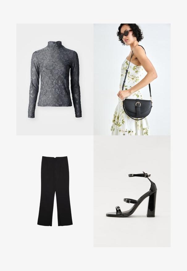 Sivi prozirni turtleneck s dugim rukavima s cvjetastim teksturiranim uzorkom, završen visokim ovratnikom i glatkom tkaninom.; Crne hlače ravnog kroja, s prednjim džepovima i bočnim prorezima na rubu. Izrađene od mekog i glatkog materijala. Pogodne za razne prigode.; Crne lakirane sandale na visoku petu s dva remena s kopčama, kvadratnim vrhom i masivnom blok petom, s glatkom, sjajnom teksturom.; Crna kožna torba s lukovitim oblikom, odvojivim remenom i zlatnim detaljima. Torba ima preklop s kopčom.