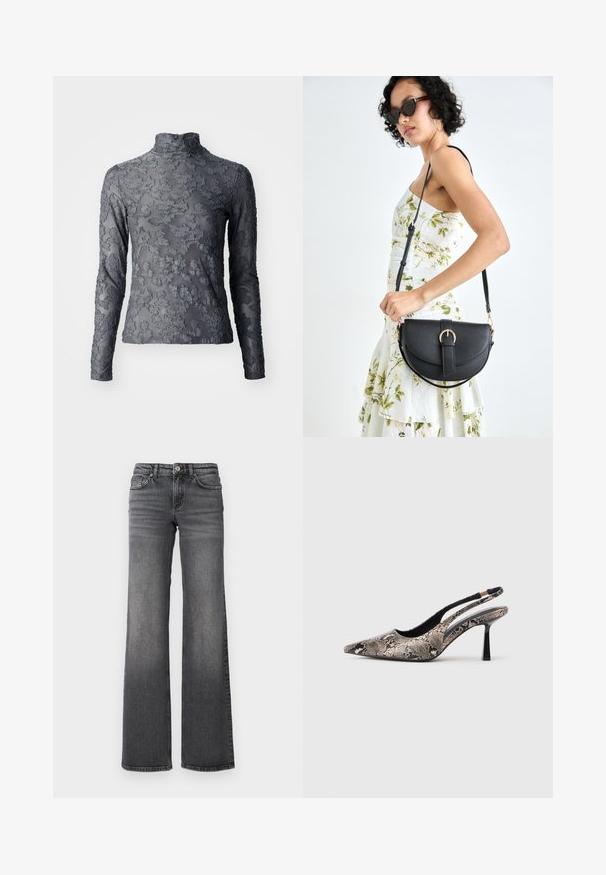 Gray sheer turtleneck top with long sleeves featuring a floral textured pattern, finished with a high collar and smooth fabric.; Straight-leg dark gray denim jeans with slight fading on thighs and standard five-pocket design against a white background.; Pointed-toe slingback shoes made of textured snake print material, featuring a slender black heel and a cutout design on the sides.; Black leather handbag with a curved shape, detachable strap, and gold hardware. The bag features a flap with a buckle detail.
