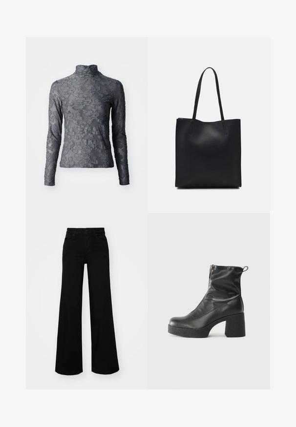 Szürke áttetsző garbós felső hosszú ujjakkal, virágmintázattal, magas gallérral és sima anyaggal.; Fekete, bő szárú farmernadrág, amelynek állítható derékrésze van, övhurkokkal és elülső zsebekkel. Simaság jellemzi, klasszikus dizájnnal.; Fekete bokacsizmák sima bőrből, oldalsó cipzárral, vastag, texturált sarkú és lekerekített orrú dizájnnal.; Fekete bőrtáska sima felszínnel, téglalap alakú, két hosszú füllel. Nincs látható fémkiegészítő vagy díszítés.