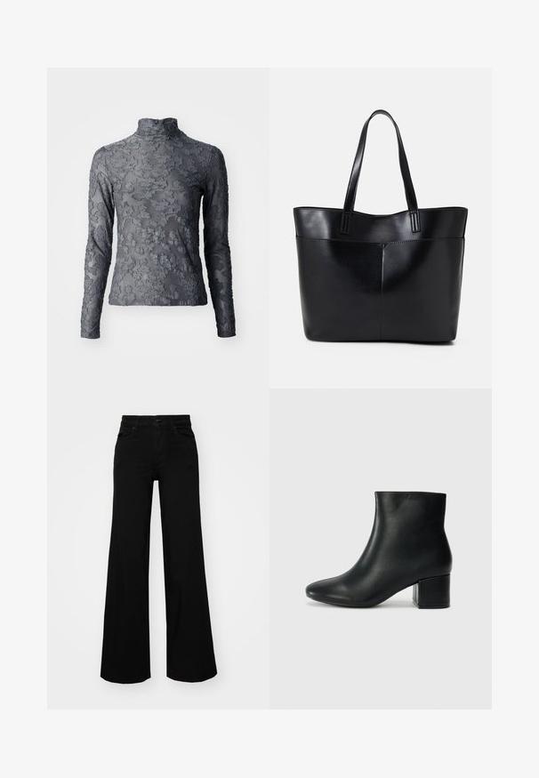 Grå gjennomsiktig turtleneck topp med lange ermer, med et blomstrete teksturmønster, avsluttet med en høy krage og glat stoff.; Svart vide bukser laget av denim, med en strukturert midjebånd, beltestropper og frontlommer. Glatt tekstur med et klassisk design.; Sorte skinn ankelsko med spiss tå og chunky hæl. Glatt tekstur med minimale detaljer og et elegant, tettsittende design.; Svart lær toteveske med to lange håndtak, en glatt tekstur og en strukturert form. Har en frontlomme for ekstra oppbevaring.