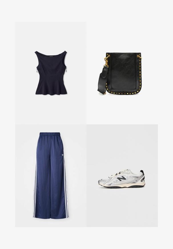Top senza maniche blu navy con scollatura ampia, orlo svasato e due tasche con zip sui lati. Realizzato in un tessuto liscio e elasticizzato.; Camicia bianca con bottoni, maniche lunghe, colletto alto arricciato e accentuazione verticale di volant sulla parte anteriore. Tessuto di cotone leggero.; Pantaloni a gamba larga blu navy con strisce verticali bianche, cintura elastica e tre strisce bianche su ciascun lato, realizzati in un materiale leggero.; Scarpa sportiva grigia e bianca con punta arrotondata, realizzata in materiali sintetici e mesh, dettagli neri e suola in gomma testurizzata.; Borsa a tracolla in pelle nera con borchie dorate lungo i bordi, dalla forma piatta e con una tracolla regolabile dotata di un gancio in oro.