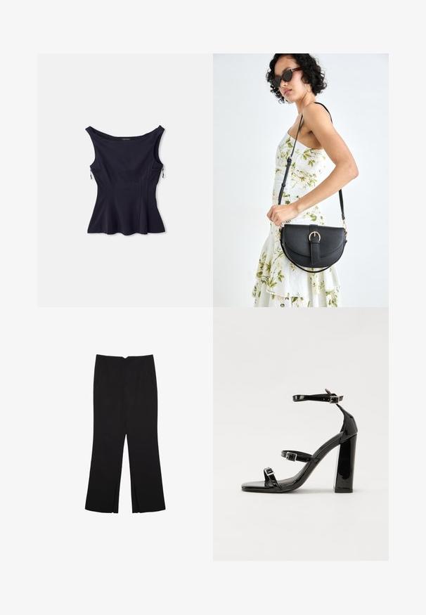 Námornícka modrá bezrukávová blúzka so širokým výstrihom, rozšíreným lemom a dvoma zipsovými vreckami na stranách. Vyrobená z hladkej, elastickej látky.; Čierne nohavice so strihom rovného strihu, s prednými vreckami a bočnými rozparkami na leme. Vyrobené z mäkkej, hladkej tkaniny. Vhodné na rôzne príležitosti.; Čierne lakované sandále na podpätku so štvorcovou špičkou, navlečenými remienkami okolo členku a striebornými prackami. Disponujú masívnym blokovým podpätkom pre stabilitu.; Čierna kožená kabelka s zaobleným tvarom, odnímateľným popruhom a zlatými doplnkami. Kabelka má klopu s detailom s prackou.