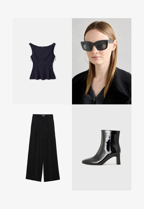 Navy blue sleeveless top with a wide neckline, flared hem, and two zippered pockets on the sides. Made from a smooth, stretchy fabric.; Black wide-leg pants featuring a textured fabric, an elastic waistband, and a detachable sash tie at the waist for adjustable fit.; Black patent leather ankle boot with a pointed toe and a mid-height block heel. Smooth texture and minimalist design.; Black cat-eye sunglasses with dark lenses, thick frames, and subtle accents. Worn with a black coat and gray top, featuring long straight hair.; Black leather crossbody bag with a flat shape, gold hardware accents, and an adjustable strap. Smooth texture with minimal stitching details.