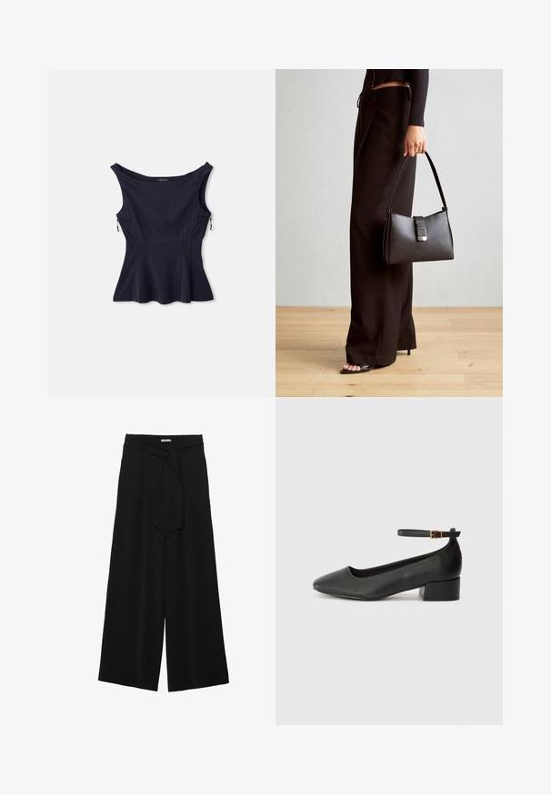 Tumesinine sääreniši top, laia käeliini, laiendatud allserva ja kahe tõmblukuga taskuga külgedel. Valmistatud sujuvast ja venivast kangast.; Mustad laiad püksid, millel on tekstureeritud kangas, elastne vöökoht ja eemaldatav pael vööst, et reguleerida sobivust.; Must mustaapp, millel on terav nina ja madal blokk-kand. Omab pahkluu rihma koos kuldse tooni pandlaga. Sile tekstuur.; Must musta kott, millel on struktureeritud kuju, sile tekstuur ja metallist klamber. Kombineeritud laiate mustade pükstega ja avatud varvaste sandaalidega puidust põrandal.