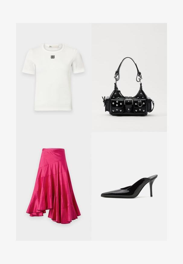 Hvid ribbet kortærmet T-shirt med et kvadratisk sort logo på brystet; rund halsudskæring, tætsiddende pasform og blød tekstur.; Magenta satin nederdel med en udflydende kant, der har lagdelte paneler og et asymmetrisk design. Glat tekstur og midilængde.; Sorte lakerede højhælede mulesko med spids tå og en slank silhuet, der har åben hæl og en slank stilettohæl.; Sort læderhåndtaske med et buet design, prydet med sølvfarvede nitter, en spænde og to sidelommer. Justerbar rem til forskellige bære muligheder.