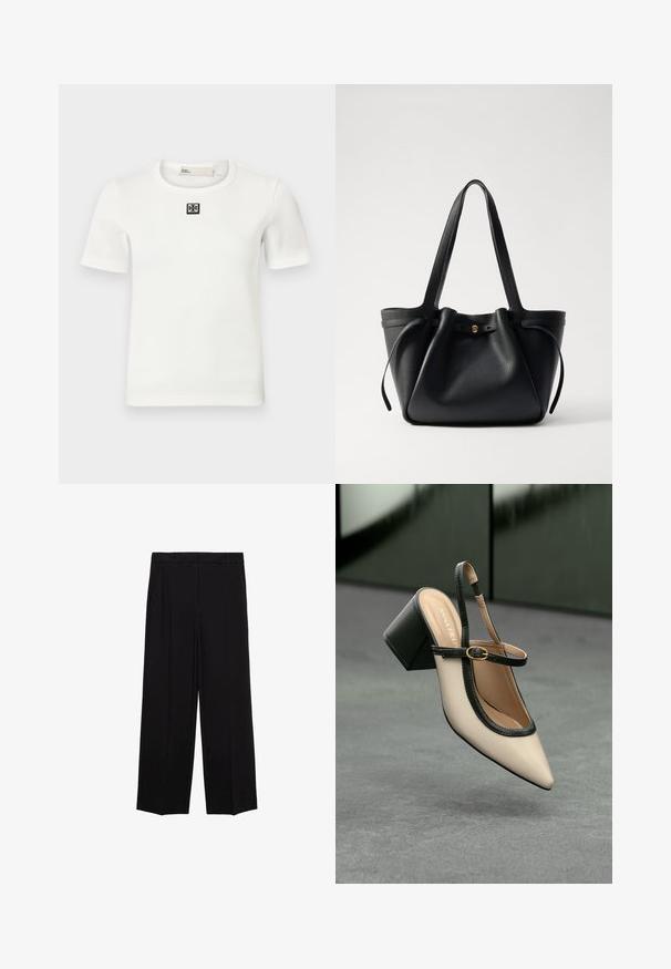 Hvid ribbet kortærmet T-shirt med et kvadratisk sort logo på brystet; rund halsudskæring, tætsiddende pasform og blød tekstur.; Sorte brede bukser med en glat stof, der har folder foran og sidelommer, designet med en lige, afslappet pasform.; Beige spids tå slingback sko med sort kant, guld spænde og en chunky blokhæl på grå gulv med mørkegrøn baggrund.; Sort læder tote taske med to lange stropper, en indsnøret top og et gyldent cirkulært accent. Glat tekstur med et minimalistisk design.