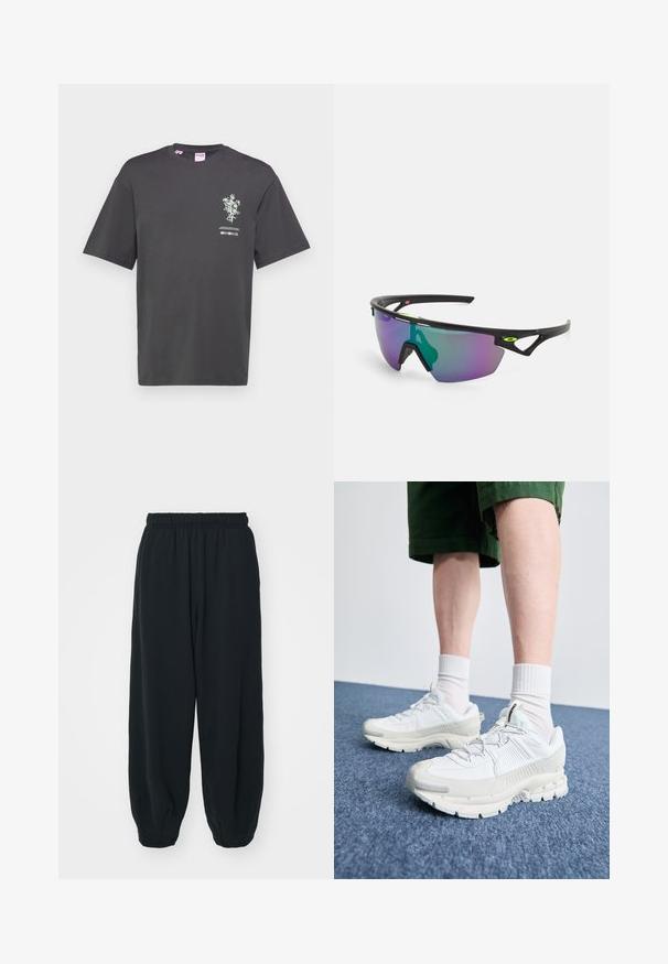 Camiseta de algodão cinza escuro com mangas curtas, apresentando uma impressão gráfica floral e texto na parte da frente. Decote redondo, ajuste descontraído.; Calças de fato de treino pretas, com cintura elástica e um corte solto, com punhos nas pernas, textura suave e sem padrões visíveis ou detalhes de metal.; Sapatos atléticos brancos com sobreposições texturizadas, sola espessa e detalhes em cinza. Usados com meias brancas até ao tornozelo e calções verdes sobre uma superfície azul.; Óculos de sol desportivos com uma armação preta, lentes grandes em degrade com tons de roxo e verde, e detalhes em design angular com logótipo.