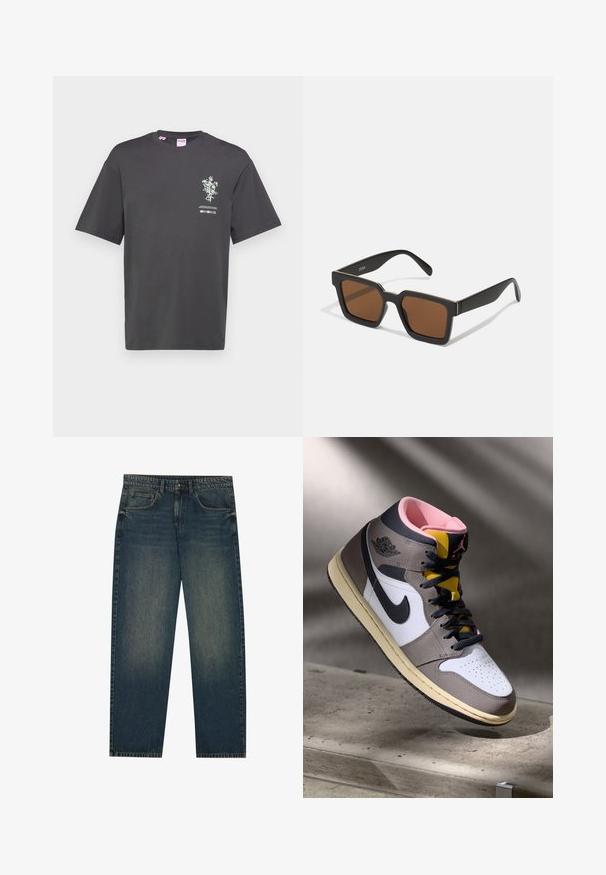Tumši pelēks kokvilnas T-krekls ar īsām piedurknēm, kuram priekšpusē ir ziedu grafiskais prints un teksts. Apaļa kakla izgriezums, brīvs piegriezums.; Tumši zili džinsi ar taisnu griezumu, piecu kabatu dizainu un nelielu nolietojuma tekstūru uz kājām. Piemēroti ikdienas valkāšanai.; Augstās Nike Air Jordan kedas baltā, pelēkā un melnā krāsā ar rozā iekšpusi un dzelteno mēli, novietotas uz betona virsmas.; Melni kvadrātveida saulesbrilles ar brūniem lēcām, ar matētu apdari un zelta akcentiem uz rāmja. Dizains ir leņķisks ar plats rokām.; Casio taisnstūra pulkstenis ar baltu seju, zelta akcentiem, romiešu cipariem un brūnu krokodilu rakstu ādas siksnu. Ūdensizturīga konstrukcija.