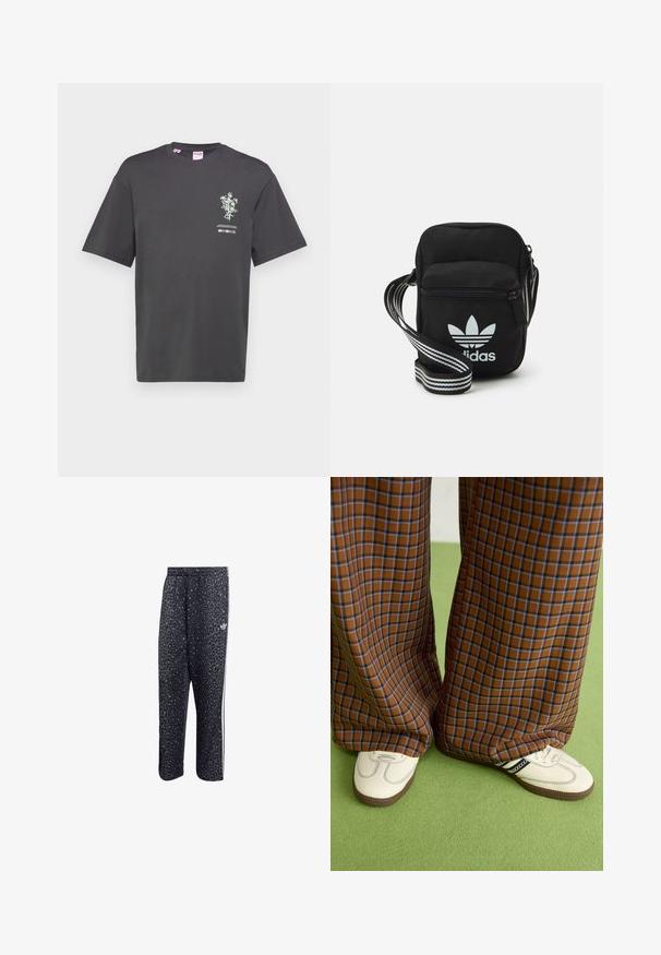 Tricou din bumbac gri închis, cu mâneci scurte, având un imprimeu floral și text pe față. Gât rotund, croială relaxată.; Pantaloni de sport negri cu un model din leopard, având un design cu trei dungi albe și un logo al brandului sportiv pe lateral.; Pantaloni largi cu carouri maro și albastru, asociați cu pantofi albi cu accente negre și tălpi texturate, împotriva unui fundal verde.; Geantă de umăr din material textil negru, cu închidere cu fermoar, având un logo Adidas alb și o curea ajustabilă cu dungi pentru o transportare ușoară.