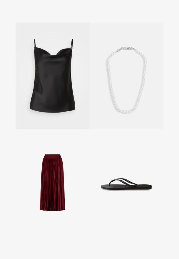 Must musta camisole, millel on sügava dekoltee, õhukesed rihmad ja sile, läikiv tekstuur. Lihtne, klassikaline disain ilma kaunistusteta.; Burgundia pleeditud midi seelik, millel on veniv vöökoht ja peene reljeefne brändi nimi.; Mustad mustes suss, millel on tekstureeritud kummist põhi, kaks peenikest rihma ja tagasihoidlik, reljeefne logo detail rihmal.; Valge pärlikaelakee sujuva tekstuuriga, millel on hõbedane lukustus, millele on pressitud sõna "HUGO". Ühtlaselt suurusega pärlid klassikalises disainis.