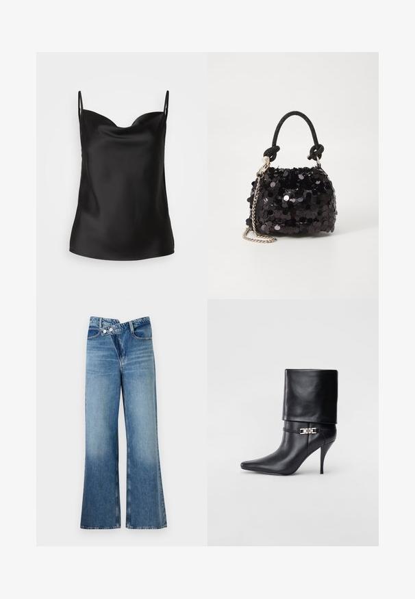 Schwarzes Satin-Camisole mit tiefem Ausschnitt, dünnen Trägern und einer glatten, glänzenden Textur. Einfaches, klassisches Design ohne Verzierungen.; Helle, blaue Jeans mit weit ausgestellt Bein und hoher Taille, ausgestattet mit zwei Knöpfen und vorderen Taschen. Der Stoff hat eine ausgewaschene Textur mit subtilen Variationen.; Schwarze Leder-Ankle-Boots mit spitzer Zehenpartie, hohen Stiletto-Absätzen, umgeschlagenem Schaft und einem goldenen dekorativen Schnallen-Detail an der Knöchel.; Schwarze Pailletten-Mini-Handtasche mit einem geknoteten, strukturierten Tragegurt und einer silbernen Kette. Abgerundete Form mit gerafftem oberen Teil und reflektierenden Details.