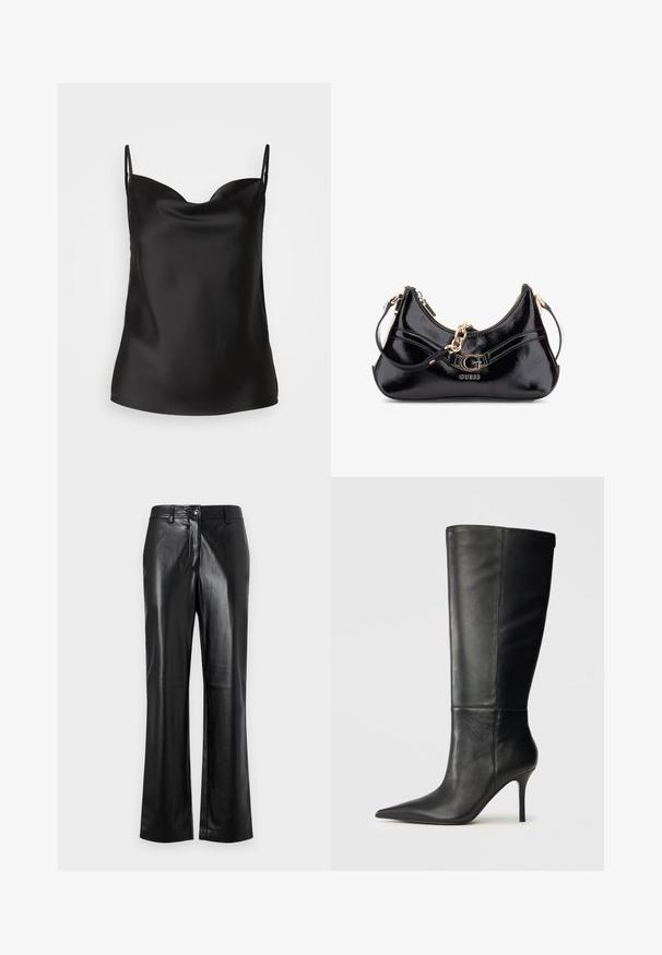 Schwarzes Satin-Camisole mit tiefem Ausschnitt, dünnen Trägern und einer glatten, glänzenden Textur. Einfaches, klassisches Design ohne Verzierungen.; Schwarze Lederhosen mit geradem Bein, ausgestattet mit einem vorderen Knopfverschluss, Gürtelschlaufen und einer glatten, polierten Oberfläche.; Schwarze Lederstiefel bis zum Knie mit spitzem Zehenbereich und schlankem Stiletto-Absatz, glatte Textur, Seitenansicht auf neutralem Hintergrund.; Schwarze Lackledertasche mit geschwungenem Design, goldenen Hardware-Akzenten und einem auffälligen Logo. Inklusive abnehmbarem Schultergurt.
