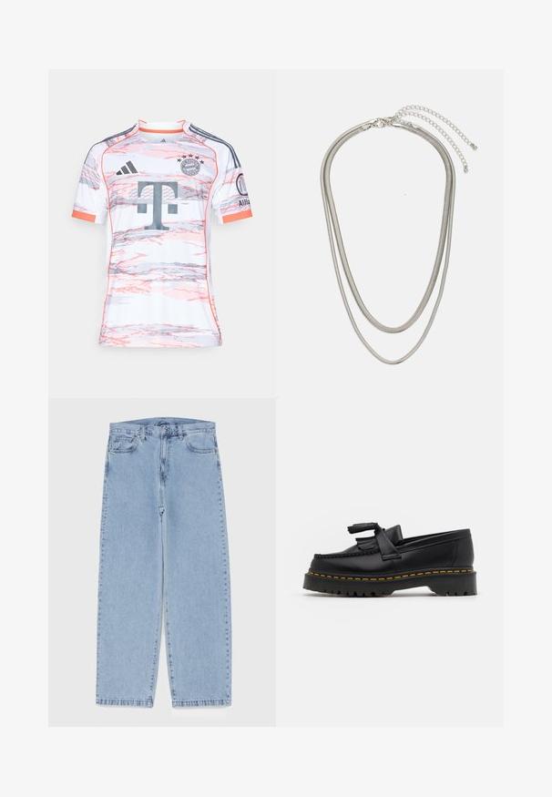 Korte mouwen witte voetbalshirt met abstracte patronen in roze en grijs, voorzien van een ronde hals, Adidas-logo en Bayern München-embleem.; Lichtblauwe denim jeans met een recht model, voorzien van een middelhoge taille, vijf zakken en een knoop- en ritssluiting.; Zwarte leren loafers met een franjesaccent, voorzien van een dikke zwarte zool en gele stiksels langs de rand. Gevoelige afwerking.; Driedelige zilveren metalen halsketting met slanke, flexibele kettingen met een lichte glans, beveiligd met een karabijnhaak en een verstelbare ketting.