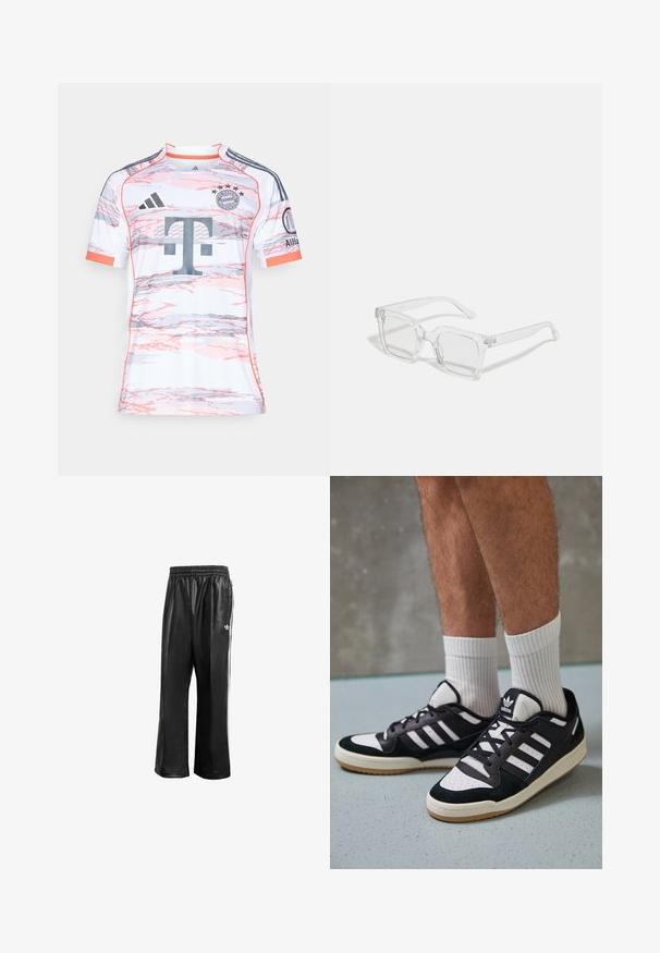 Bijela nogometna dres s kratkim rukavima s ružičastim i sivim apstraktnim uzorcima, koji ima okrugli izrez, Adidas logo i grb Bayerna.; Crne sintetičke trenirke s elastičnom waistbandom, sa bijelim bočnim prugama i malim bijelim logoom na lijevom kuku.; Crne i bijele tenisice s gornjim dijelom od antilopa i kože, s tri bijele pruge, perforiranim prstom i gumiranim potplatom.; Prozirne pravokutne sunčane naočale s debelim plastičnim okvirom, s lagano zamućenim lećama i bez dodatnih uzoraka ili akcenta.; Bijela biserna ogrlica s uniformnim okruglim oblikom, glatkom površinom i metalnom kopčom s produžnom lancem za podesivu duljinu.
