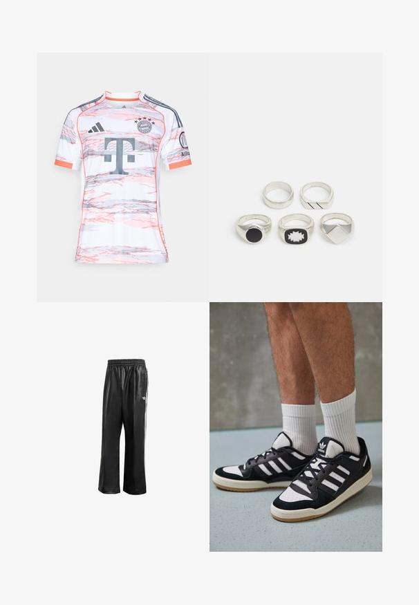 Īsām piedurknēm balts futbola krekls ar rozā un pelēkiem abstraktiem rakstiem, aplīša kakls, Adidas logo un Bavārijas Minhenes emblēma.; Melnas sintētiskas sporta bikses ar elastīgu jostasvietu, ar baltām sānu svītrām un mazu baltu logo kreisajā gurnā.; Melnas un baltas kedas ar zamša un ādas augšdaļu, kas aprīkotas ar trim baltām svītrām, perforētu purngali un gumijas zolēm.; Pieci sudraba gredzeni: viens ar melnu apaļu detaļu, viens ar baltu un melnu ģeometrisku rakstu, un citi ar dažādām formām un apdarēm.
