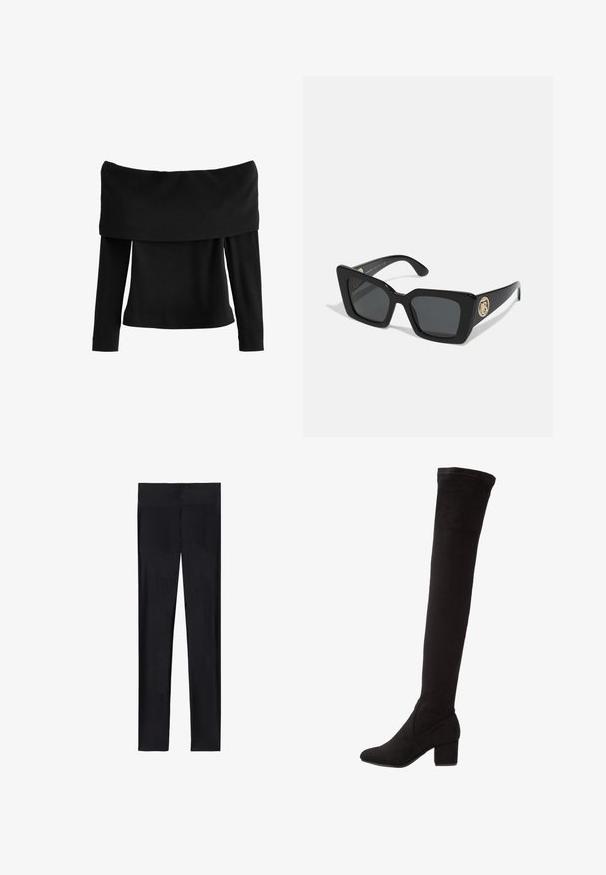 Schwarzes, geripptes Off-Shoulder-Oberteil mit langen Ärmeln, das über einen weiten Ausschnitt und ein strukturiertes Muster im gesamten Stoff verfügt.; Schwarze Leggings aus dehnbarem Material; mit glatter Textur, ganzlänglichem Design und elastischem Bund ohne sichtbare Nähte.; Schwarze Over-the-knee Stiefel aus Wildleder mit Blockabsatz, die eine glatte Textur und ein eng geschnittenes Design haben, das über das Knie reicht.; Schwarze quadratische Sonnenbrille mit dunklen Gläsern und glänzenden schwarzen Bügeln. Verfügt über einen goldenen kreisförmigen Hardware-Akzent an der Seite. Insgesamt glatte Textur.; Grau strukturierte Handtasche mit gepolstertem Griff, Netzelementen, verstellbarem Schulterriemen und einem vorderen Verschluss. Kompaktes Design mit abgerundeter Form.; Roségold-Armband mit zwei ineinandergreifenden Bändern, von denen eines mit einer Reihe von Diamanten verziert ist, und einer schlanken Oberfläche mit glatten Kanten.