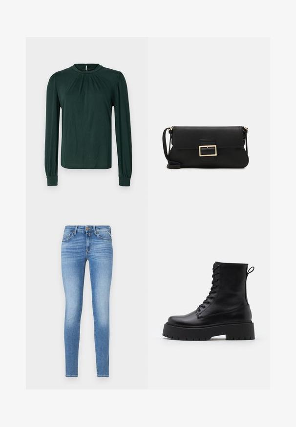 Dark green long-sleeve blouse with a high neckline, pleated front, and gathered cuffs. Made from smooth, lightweight fabric.; Slim-fit light blue denim jeans with mid-rise waist, front button, and five-pocket design.; Black leather ankle boots with a round toe, lace-up front, and a thick rubber sole featuring a textured tread. Pull tab at the back.; Black leather clutch bag with a flap and a gold metal buckle detail. Includes a black strap and a sleek, minimalist design.; Gold hoop earrings with a smooth, shiny finish. Circular design featuring a small post and clear backing for secure wear.