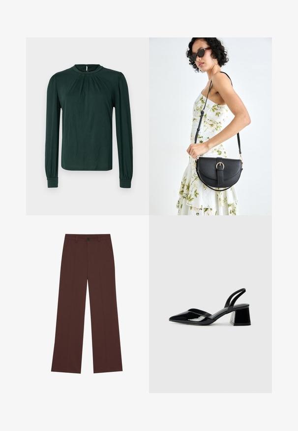 Blusa lunga a maniche lunghe di colore verde scuro con collo alto, davanti plissettato e polsini arricciati. Realizzata in tessuto morbido e leggero.; Pantaloni a gamba larga in un ricco tessuto marrone. Presentano una chiusura a bottone, due tasche frontali, una texture liscia e linee pulite.; Décolleté in vernice nera con punta affusolata e tacco in geometria cubica. Presentano un design elegante e minimalista, con una texture liscia.; Borsa a tracolla nera in pelle con una forma curva, manico rimovibile e accessori dorati. La borsa presenta una patta con un dettaglio a fibbia.