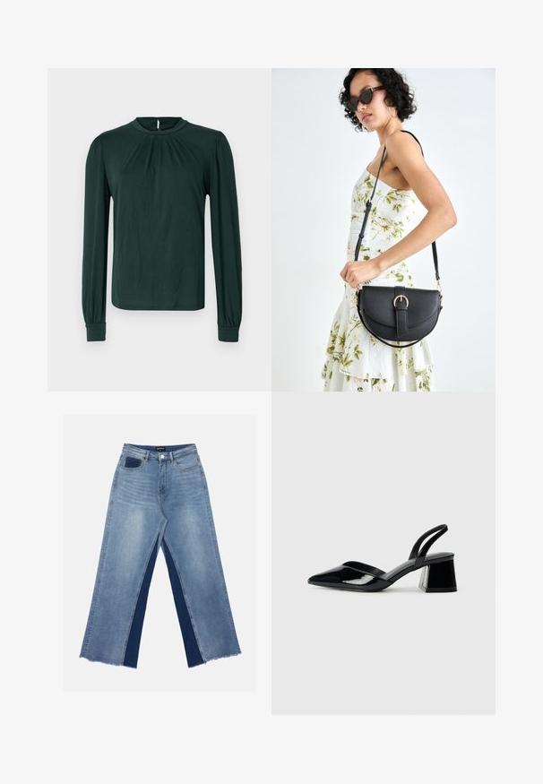 Tamsiai žalia ilgomis rankovėmis palaidinė su aukštu kaklu, raukšlėta priekiu ir surinktomis rankovėmis. Pagaminta iš glotnaus, lengvo audinio.; Šviesiai mėlynos plačiakančios džinsai su kontrastingais tamsiai mėlynais įdėklais, suplėšytais kraštais ir standartine liemeniu su metaliniu užsegimu.; Juodos lakuotos odinės šlepetės su smailiu pirštu ir geometriniu bloko kulnu. Turi elegantišką, minimalistinį dizainą ir lygų paviršių.; Juodas odinis krepšys su išlenkta forma, nuimamu dirželiu ir auksiniais detalėmis. Krepšys turi kilpą su sagtimi.