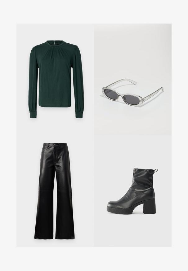 Tume roheline pikakäistega bluus kõrge kaelusega, volditud esiosa ja kogutud varrukatega. Valmistatud siledast ja kergest kangast.; Mustad talje laiad jalad kunstnahast püksid esipaneeli nööbi ja lukuga, vöödega ja küljetaskutega valge tausta peal.; Mustad mustad ansapüksid, mis on valmistatud siledast nahast, külje zipperiga, paksu tekstuuriga kontsaga ja ümmarguse nina disainiga.; Ovaalsed prillid, millel on selge plastraam, tumehallid läätsed ja õhukesed läbipaistvad sangad, kus on logode aktsendid ja minimaalne detailirohkus.; Mustmust mustraha kõverate joontega, eemaldatava rihmaga ja kuldsete detailidega. Kotil on klapp, millel on pandladetail.