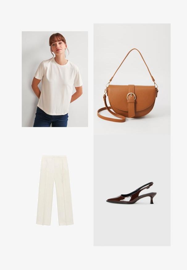 Jimmy Key T-shirt basic - white; Wijdgevallen broeken in een lichtcrème kleur. Gemaakt van een zachte stof met plooien aan de voorkant en zijzakken.; Bruine gepatineerde leren slingback-schoen met een spitse neus en een gematigd hakje. Voorzien van een gespsluiting voor een veilige pasvorm. Glad van textuur.; Bruine leren schoudertas met een gebogen vorm, gouden hardware en een gespaccent. Bevat een afneembare schouderriem.